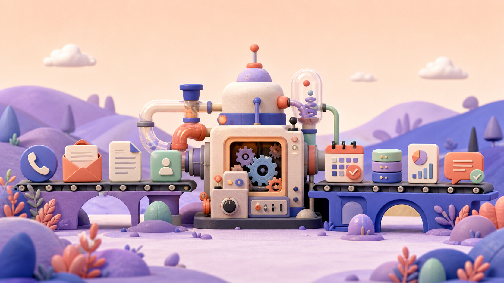 A playful automation workshop turning calls, messages and documents into booked appointments, organized data and completed reports.